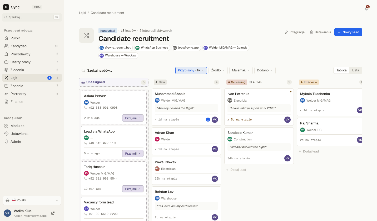 Tablica kanban — omnichannel pipeline kandydatów w Sync